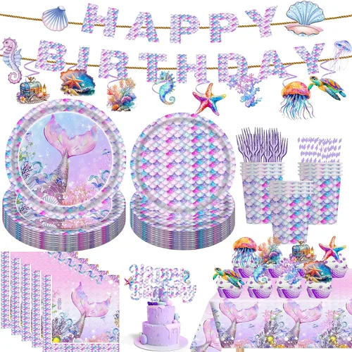 140 decoraciones de cumpleaños de sirena que incluyen platos, servilletas, vasos, cubiertos, remolinos colgantes, pancarta, decoración de pasteles y