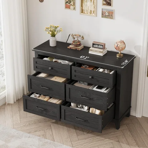 Miniatura 6 de GarveeHome Cómoda de 6 cajones para dormitorio, cómoda de 47 pulgadas de ancho con almacenamiento independiente, baúl de almacenamiento de madera