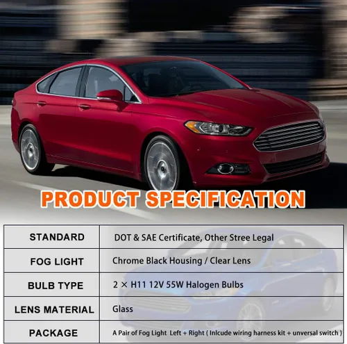 Miniatura 8 de Nixon Offroad Juego de luces antiniebla para Ford Fusion 2013-2016 con bombillas halógenas + kit de arnés de cableado + interruptor universal +