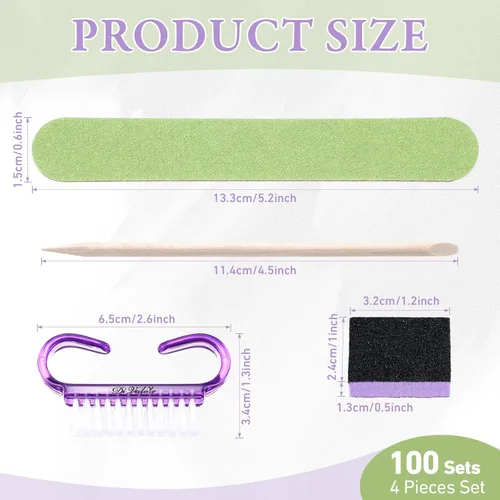 Miniatura 2 de Juego de 100 juegos de manicura profesional desechables, kit básico de 4 piezas, lima de uñas de madera, grano 100/180, mini amortiguador de grano
