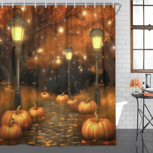 Cortina de ducha de otoño para baño, color marrón, árbol de otoño, vidrio, cosecha, calabaza, cortina de baño para fiesta de Halloween, juego de