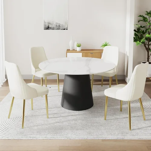 Miniatura 3 de Juego de 6 sillas de comedor tapizadas de 36.6 pulgadas, sillas de comedor modernas con marco de metal dorado y respaldo, silla de comedor de piel