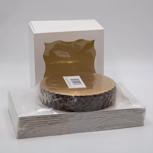 Caja blanca para pasteles de 8 x 8 x 5 pulgadas con ventana y tablero dorado para tartas, 12 juegos de 24 piezas