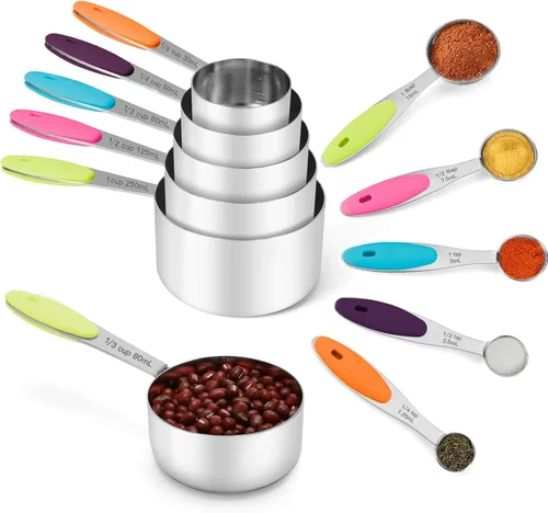 Joyhill Juego de 10 tazas y cucharas medidoras de acero inoxidable, juego de tazas medidoras de metal anidadas con mangos de silicona de tacto suave