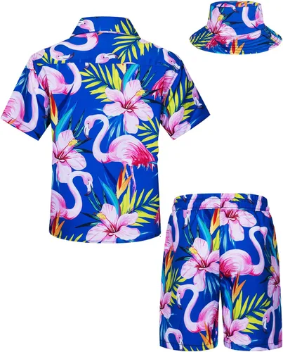 Miniatura 2 de TUNEVUSE Little & Big Boys - Conjunto de camisas hawaianas con botones y pantalones cortos con sombrero de pescador, trajes de verano estampados