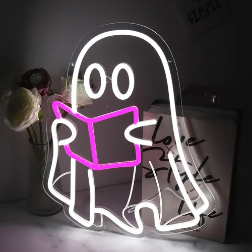 Miniatura 2 de Lámpara de libro de lectura fantasma, letrero de neón de fantasma de lectura, letrero de neón LED para sala de lectura, libro de lectura colgante