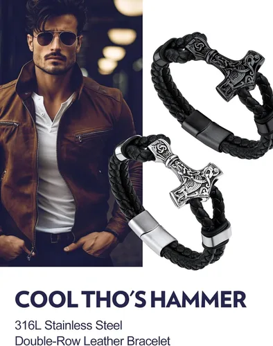 Miniatura 5 de Bandmax Pulsera trenzada de cuero negro para hombre con colgante gótico punk, pulsera de cuero con hebilla de acero inoxidable, paquete de regalo