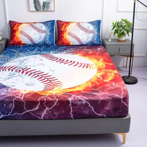 Miniatura 3 de Juegos de Sábanas Deportivas de Béisbol Tamaño Full - 3 Piezas Galaxia de Llama de Hielo Béisbol para Niños Sábanas Ajustables