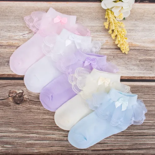 Miniatura 10 de Looching Calcetines de encaje con volantes para niñas pequeñas, de algodón, con volantes, con lazo, paquete de 5