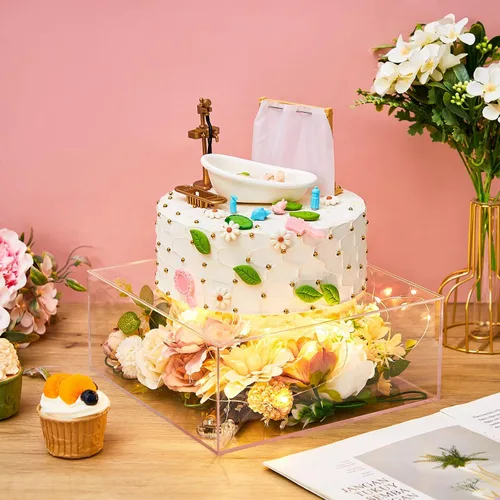Miniatura 4 de Sintuff 3 soportes cuadrados de acrílico para tartas, 3 niveles, transparente, rellenable, con cadena de luces LED, soporte para cupcakes con tapa