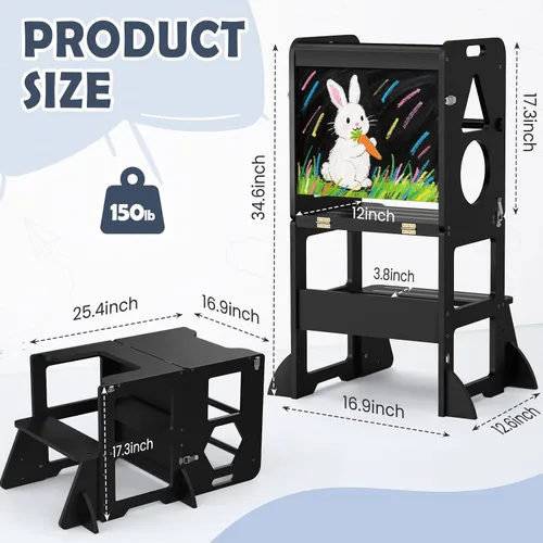 Miniatura 6 de Woodure Taburete de cocina 4 en 1 para niños, torre de pie plegable de aprendizaje con pizarra, taburete de cocina de madera para niños, regalos
