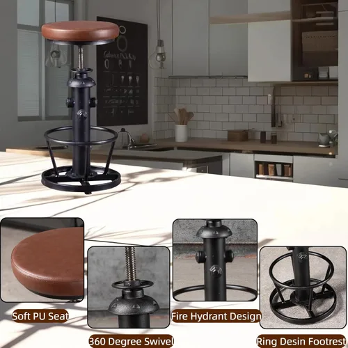 Miniatura 5 de Taburetes de bar de granja, asiento giratorio de poliuretano de 24 a 30 pulgadas, altura de mostrador ajustable, taburete de cocina, comedor, silla
