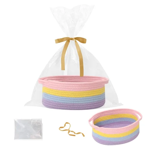 Miniatura 39 de Paquete de 2 canastas pequeñas de cuerda tejida, cesta de regalo vacía con bolsa y cintas, bonita caja organizadora con asa para cumpleaños/baby