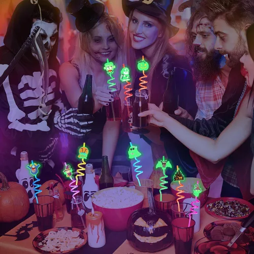 Miniatura 6 de JANYUN - Pajitas luminosas de Halloween, 20 piezas de pajitas de plástico reutilizables y luminosas, suministros para fiesta de Halloween, pajitas