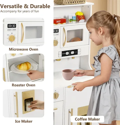 Miniatura 4 de Kinder King Cocina de madera para niños, juego de cocina de juguete para niños pequeños, juego de cocina con sonidos reales, máquina de café