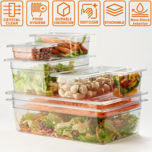 Miniatura 6 de CURTA Paquete de 6 bandejas de comida NSF, tamaño medio de 2 1/2 pulgadas de profundidad, plástico de policarbonato comercial transparente apto