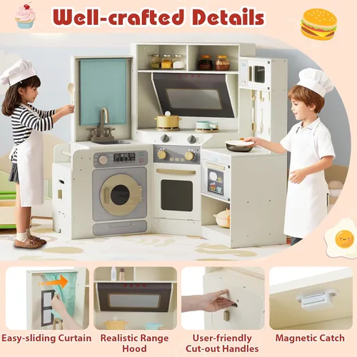 Miniatura 2 de Costzon Cocina de Juego de Esquina, Cocina Grande de Juego de Simulación con Luz y Sonido Reales, Cubo de Basura Extraíble, Estufas, Microondas