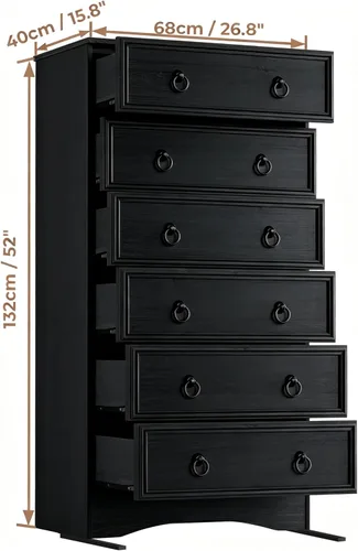 Miniatura 3 de VVFLU Cómoda de 6 cajones de 52" de alto para dormitorio, cómoda de madera de 6 cajones, almacenamiento para ropa, cajones estrechos grandes