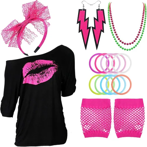 Trajes de los años 80, accesorios de disfraz para mujer, camiseta con hombros descubiertos con estampado de los años 80 para disfraces de los años 80