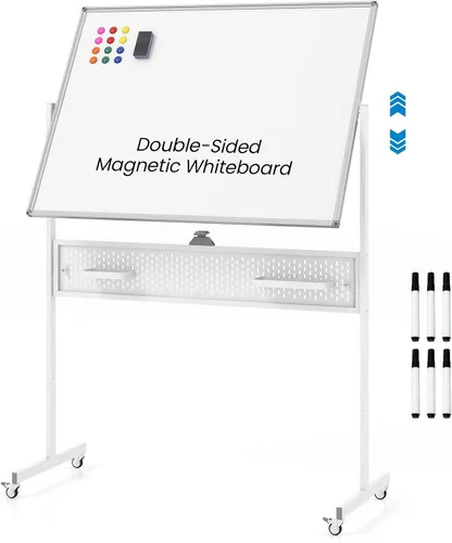 Goplus Pizarra blanca rodante de 48 x 36 pulgadas, pizarra magnética de borrado en seco de altura ajustable con tablero de clavijas, ganchos y