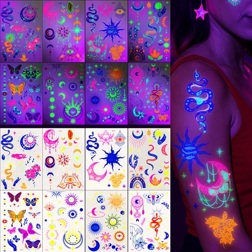 Miniatura 4 de Tatuajes temporales de neón UV, 12 hojas de tatuajes de fiesta que brillan en la oscuridad para adultos y niñas, patrones de doble vibración