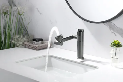 Miniatura 4 de Pistola de grifo de baño giratoria de 1080 grados, grifo de lavabo gris, 1 mango, rociador de ángulo grande, extensor de boquilla de aireador Gris