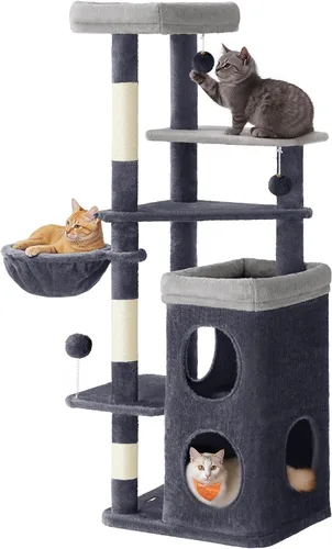 Feandrea Árbol para gatos, torre para gatos de 60 pulgadas, condominio de felpa de varios niveles con 2 cuevas, 3 postes rascadores, 3 perchas, gris