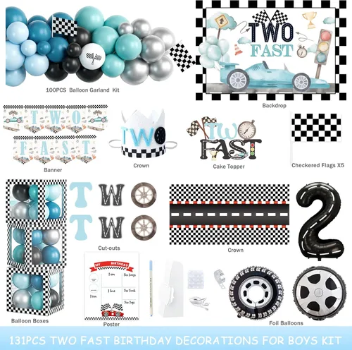 Miniatura 2 de Dos decoraciones de cumpleaños rápidas: 131 piezas con temática de autos de carreras con guirnalda de globos, dos fondos rápidos, globo de aluminio