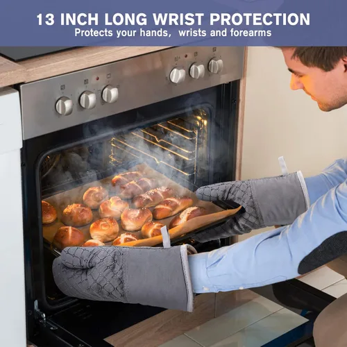 Miniatura 4 de 6 guantes de horno y soportes para ollas, resistentes al calor de 500 ℉ con toallas de cocina, forro de algodón suave y superficie de silicona Gris