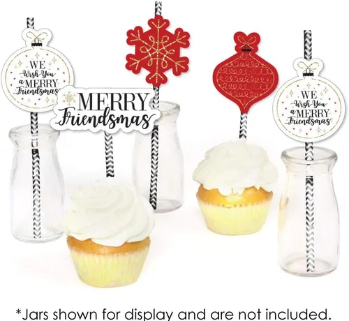 Miniatura 4 de Big Dot of Happiness Pajitas decorativas a rayas rojas y doradas para decoración de pajitas de papel para fiesta de Navidad de amigos, juego de 24