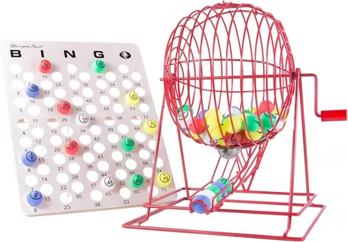 MR CHIPS Juego de bingo profesional con jaula de bingo extra grande (19 pulgadas de alto), bolas de bingo de ping pong de una sola cara y tablero