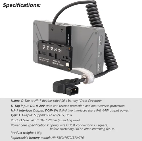 Miniatura 5 de D-Tap Ptap a doble cara NP-F550/970/570/770 Adaptador de corriente de batería ficticia (estructura cruzada) para monitor de campo, transmisión