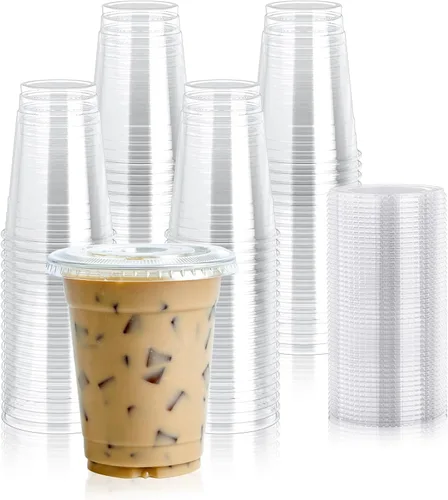 Miniatura 9 de Lilymicky 200 juegos de vasos de plástico transparente de 10 onzas con tapas planas, vasos desechables de 10 onzas para batidos, Slurpee o cualquier