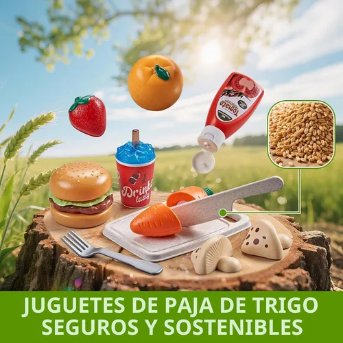 Miniatura 6 de Juegos de comida de juguete para la cocina de los niños, juguetes de comida de simulación de paja de trigo con cesta de picnic para niños y manta