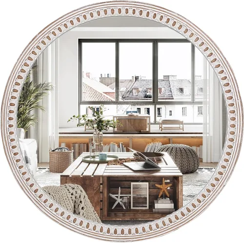 Espejo de pared redondo de madera rústica de 24 pulgadas, espejos circulares decorativos para baño sobre fregadero, sala de estar, entrada, Estilo 2