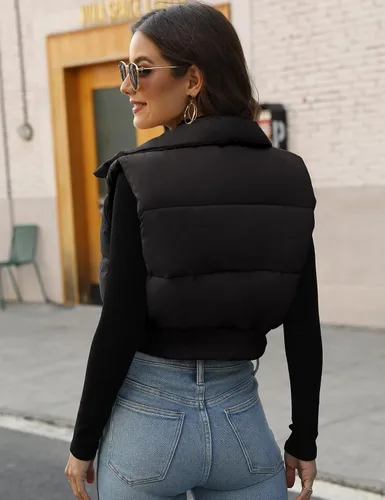 Miniatura 4 de Gihuo Chaleco acolchado recortado para mujer, sin mangas, chaqueta acolchada, chaleco acolchado para invierno, con cremallera completa, abrigo ligero