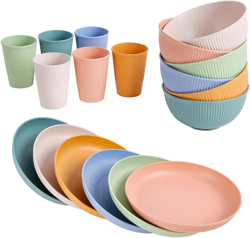 Miniatura 7 de Juego de vajilla de paja de trigo de 18 piezas HXYPN irrompible y reutilizable Juego de tazas de cocina, platos y cuencos aptos para lavavajillas