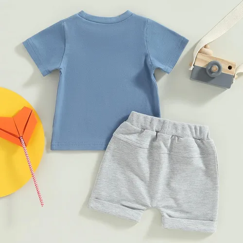 Miniatura 73 de Conjunto de traje de verano para bebé niño pequeño, manga corta, cuello redondo, letras impresas, lindo traje de verano, conjunto de 2 piezas