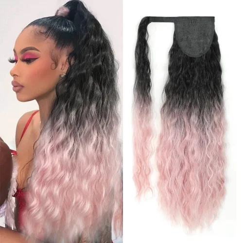 Miniatura 11 de Extensión de cola de caballo con clip de onda de maíz, 22 pulgadas de largo, ondulado, rizado, envolvente, resistente al calor, sintético, postizo