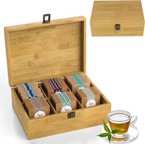 Caja organizadora de té segura para alimentos, libre de productos químicos, baúl de almacenamiento de bambú, cubos ajustables (6 ranuras de 11 x 8.1