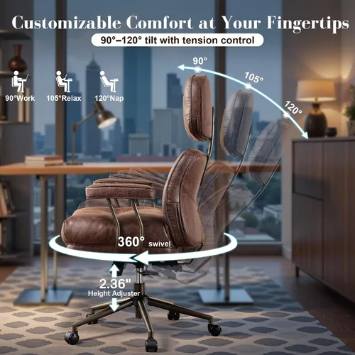 Miniatura 5 de Silla ergonómica de escritorio de oficina en casa, silla giratoria de 360° con inclinación y altura ajustable con cojín grueso y reposabrazos