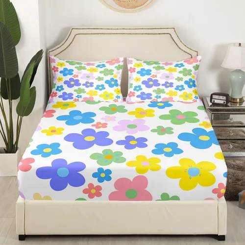 Miniatura 3 de Bonito juego de sábanas de flores para niñas y mujeres, sábanas coloridas de dibujos animados de flores funky de tamaño individual, bonito juego