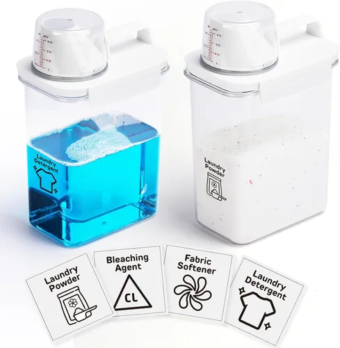 Dispensador de detergente para lavandería, paquete de 2, dispensador de detergente de 61 onzas con 4 etiquetas extraíbles, dispensador de jabón para
