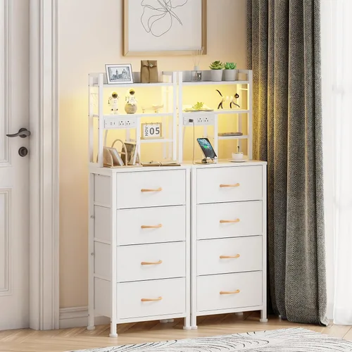 Miniatura 8 de Furnulem - Mesita alta con 3 cajones de tela y luces LED, mesita de noche con estantería, mesas de noche de 45.3 pulgadas de altura con puertos USB