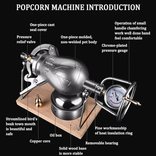 Miniatura 2 de Mini máquina de palomitas de maíz de mano retro, máquina de palomitas de maíz de acero inoxidable de alta presión, estilo chino vintage, ideal