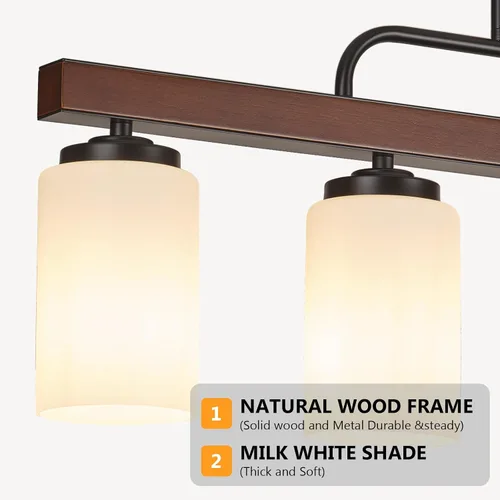 Miniatura 2 de Lámpara de Comedor Estilo Granja Sobre Mesa, Iluminación de Isla de Cocina de Madera Negra de 4 Luces con Vidrio Blanco Leche, Luces Colgantes