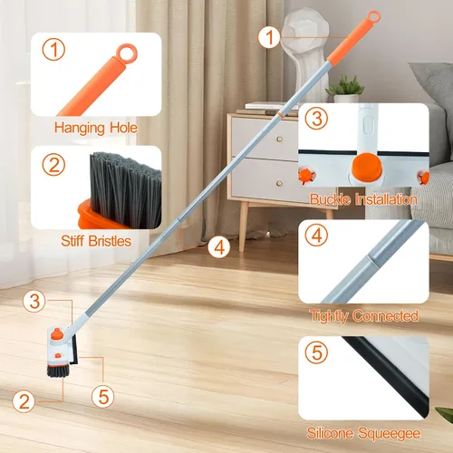 Miniatura 8 de Cepillo de limpieza de suelo con mango largo, cepillo extensible 3 en 1 para raspar cerdas rígidas, cepillo de ducha de 60 pulgadas con escobilla