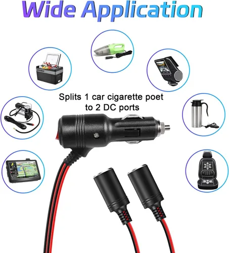 Miniatura 4 de Herfair Divisor de encendedor de cigarrillos para automóvil, adaptador de encendedor de cigarrillos de 2 enchufes, cable de extensión, puerto