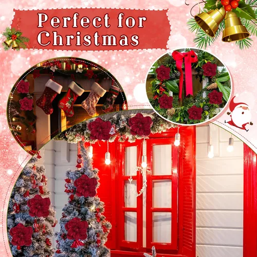Miniatura 6 de 12 piezas de flores de pascua de Navidad grandes de terciopelo con cabezas grandes de flores de magnolia artificiales con purpurina para decoración
