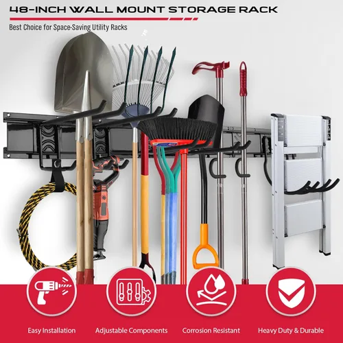 Miniatura 6 de SEDY Organizador de pared de garaje resistente de 48 pulgadas, estante de almacenamiento de herramientas de montaje en pared con ganchos ajustables